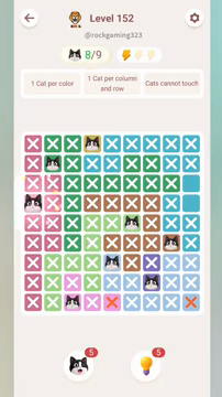 Meowdoku Level 152 step 8 screenshot showing the cat placement at A4 with 8 of 9 cats visible on the board.