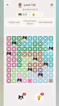 Meowdoku Level 152 step 9 screenshot showing the cat placement at I3 with 9 of 9 cats visible on the board.