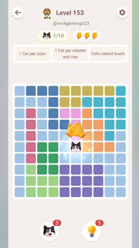 Meowdoku Level 153 step 1 screenshot showing the cat placement at F6 with 1 of 10 cats visible on the board.