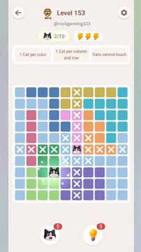 Meowdoku Level 153 step 2 screenshot showing the cat placement at D8 with 2 of 10 cats visible on the board.
