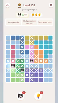 Meowdoku Level 153 step 3 screenshot showing the cat placement at B7 with 3 of 10 cats visible on the board.
