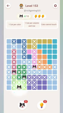 Meowdoku Level 153 step 4 screenshot showing the cat placement at C10 with 4 of 10 cats visible on the board.