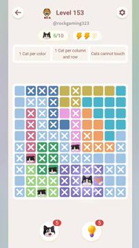 Meowdoku Level 153 step 5 screenshot showing the cat placement at G9 with 5 of 10 cats visible on the board.