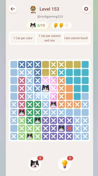 Meowdoku Level 153 step 6 screenshot showing the cat placement at E4 with 6 of 10 cats visible on the board.