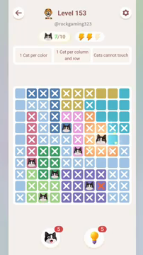 Meowdoku Level 153 step 7 screenshot showing the cat placement at H5 with 7 of 10 cats visible on the board.