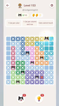 Meowdoku Level 153 step 8 screenshot showing the cat placement at I1 with 8 of 10 cats visible on the board.