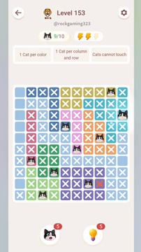 Meowdoku Level 153 step 9 screenshot showing the cat placement at J3 with 9 of 10 cats visible on the board.