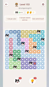 Meowdoku Level 153 step 10 screenshot showing the cat placement at A2 with 10 of 10 cats visible on the board.