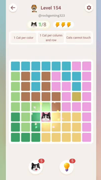 Meowdoku Level 154 step 1 screenshot showing the cat placement at D6 with 1 of 8 cats visible on the board.