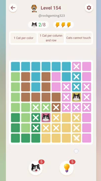 Meowdoku Level 154 step 2 screenshot showing the cat placement at G4 with 2 of 8 cats visible on the board.