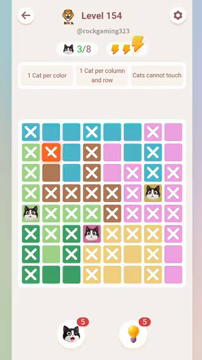 Meowdoku Level 154 step 3 screenshot showing the cat placement at A5 with 3 of 8 cats visible on the board.
