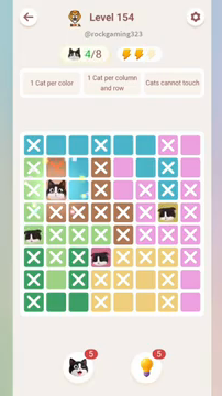 Meowdoku Level 154 step 4 screenshot showing the cat placement at B3 with 4 of 8 cats visible on the board.