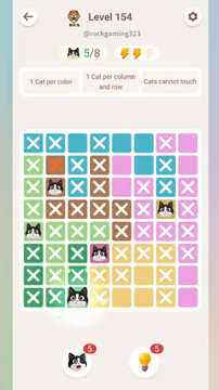 Meowdoku Level 154 step 5 screenshot showing the cat placement at C8 with 5 of 8 cats visible on the board.