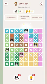 Meowdoku Level 154 step 6 screenshot showing the cat placement at E1 with 6 of 8 cats visible on the board.