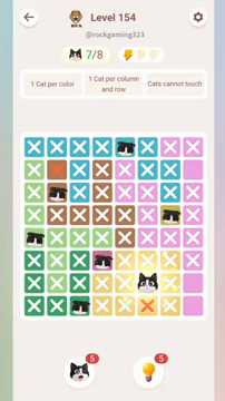 Meowdoku Level 154 step 7 screenshot showing the cat placement at F7 with 7 of 8 cats visible on the board.