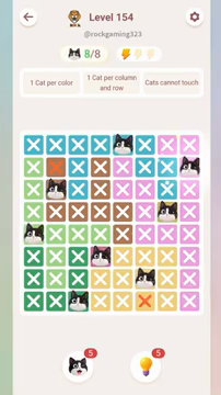 Meowdoku Level 154 step 8 screenshot showing the cat placement at H2 with 8 of 8 cats visible on the board.