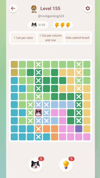 Meowdoku Level 155 step 1 screenshot showing the cat placement at D7 with 1 of 10 cats visible on the board.