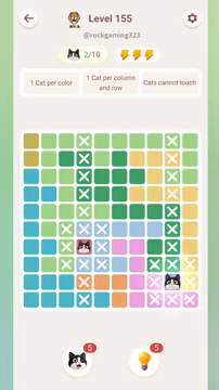 Meowdoku Level 155 step 2 screenshot showing the cat placement at I9 with 2 of 10 cats visible on the board.