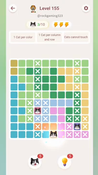 Meowdoku Level 155 step 3 screenshot showing the cat placement at F10 with 3 of 10 cats visible on the board.