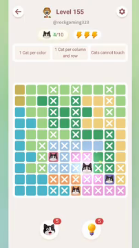 Meowdoku Level 155 step 4 screenshot showing the cat placement at G8 with 4 of 10 cats visible on the board.