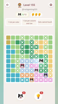 Meowdoku Level 155 step 5 screenshot showing the cat placement at H6 with 5 of 10 cats visible on the board.