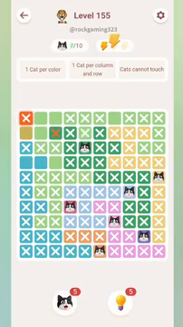 Meowdoku Level 155 step 7 screenshot showing the cat placement at E3 with 7 of 10 cats visible on the board.