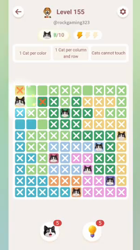 Meowdoku Level 155 step 8 screenshot showing the cat placement at A2 with 8 of 10 cats visible on the board.