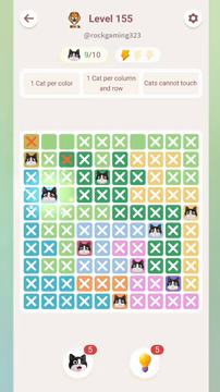 Meowdoku Level 155 step 9 screenshot showing the cat placement at B4 with 9 of 10 cats visible on the board.