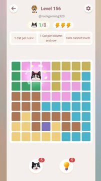 Meowdoku Level 156 step 1 screenshot showing the cat placement at C2 with 1 of 8 cats visible on the board.