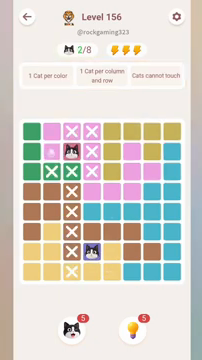Meowdoku Level 156 step 2 screenshot showing the cat placement at D7 with 2 of 8 cats visible on the board.