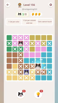 Meowdoku Level 156 step 3 screenshot showing the cat placement at F6 with 3 of 8 cats visible on the board.