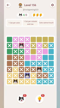 Meowdoku Level 156 step 4 screenshot showing the cat placement at B8 with 4 of 8 cats visible on the board.