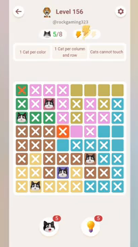 Meowdoku Level 156 step 5 screenshot showing the cat placement at A3 with 5 of 8 cats visible on the board.