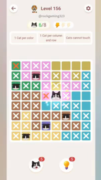 Meowdoku Level 156 step 6 screenshot showing the cat placement at E4 with 6 of 8 cats visible on the board.