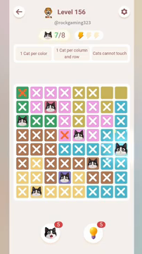 Meowdoku Level 156 step 7 screenshot showing the cat placement at H5 with 7 of 8 cats visible on the board.