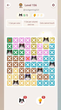 Meowdoku Level 156 step 8 screenshot showing the cat placement at G1 with 8 of 8 cats visible on the board.