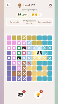 Meowdoku Level 157 step 3 screenshot showing the cat placement at G4 with 3 of 9 cats visible on the board.