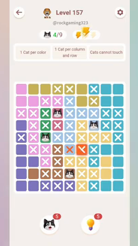 Meowdoku Level 157 step 4 screenshot showing the cat placement at E8 with 4 of 9 cats visible on the board.