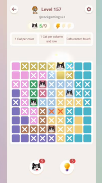 Meowdoku Level 157 step 5 screenshot showing the cat placement at F1 with 5 of 9 cats visible on the board.