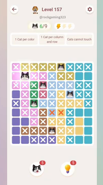 Meowdoku Level 157 step 6 screenshot showing the cat placement at B2 with 6 of 9 cats visible on the board.