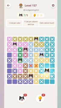 Meowdoku Level 157 step 7 screenshot showing the cat placement at H7 with 7 of 9 cats visible on the board.