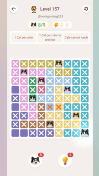 Meowdoku Level 157 step 8 screenshot showing the cat placement at I9 with 8 of 9 cats visible on the board.