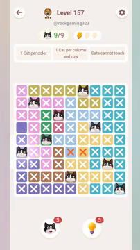 Meowdoku Level 157 step 9 screenshot showing the cat placement at A6 with 9 of 9 cats visible on the board.