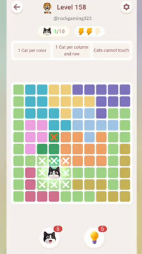 Meowdoku Level 158 step 1 screenshot showing the cat placement at D8 with 1 of 10 cats visible on the board.