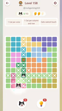 Meowdoku Level 158 step 2 screenshot showing the cat placement at C10 with 2 of 10 cats visible on the board.