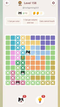 Meowdoku Level 158 step 3 screenshot showing the cat placement at E4 with 3 of 10 cats visible on the board.