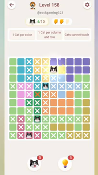 Meowdoku Level 158 step 4 screenshot showing the cat placement at F2 with 4 of 10 cats visible on the board.