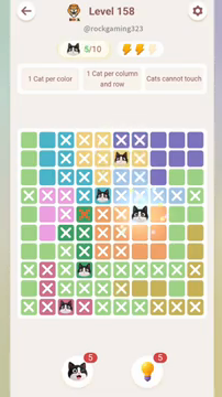 Meowdoku Level 158 step 5 screenshot showing the cat placement at G5 with 5 of 10 cats visible on the board.