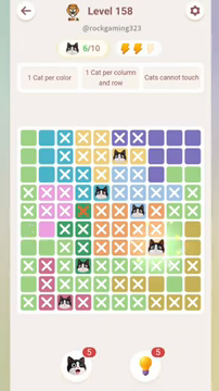Meowdoku Level 158 step 6 screenshot showing the cat placement at H7 with 6 of 10 cats visible on the board.