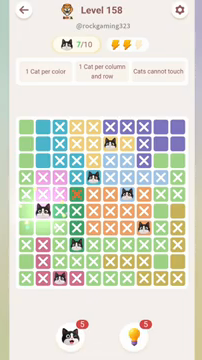 Meowdoku Level 158 step 7 screenshot showing the cat placement at B6 with 7 of 10 cats visible on the board.